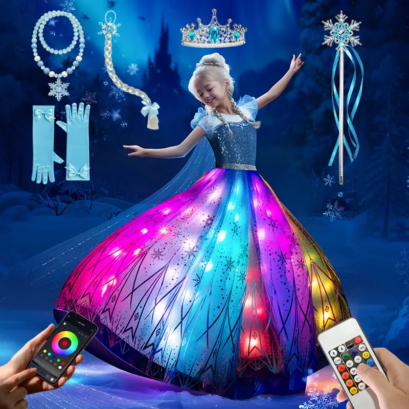UPORPOR Girls' Princess Costume - RGB Light-Up Toddler Dress Up with App-Controlled Music Sync, Costume Decoration Accessories, Summer Outfits for 3-10 Years Old Girls (Batteries Not Included), Princess Costumes