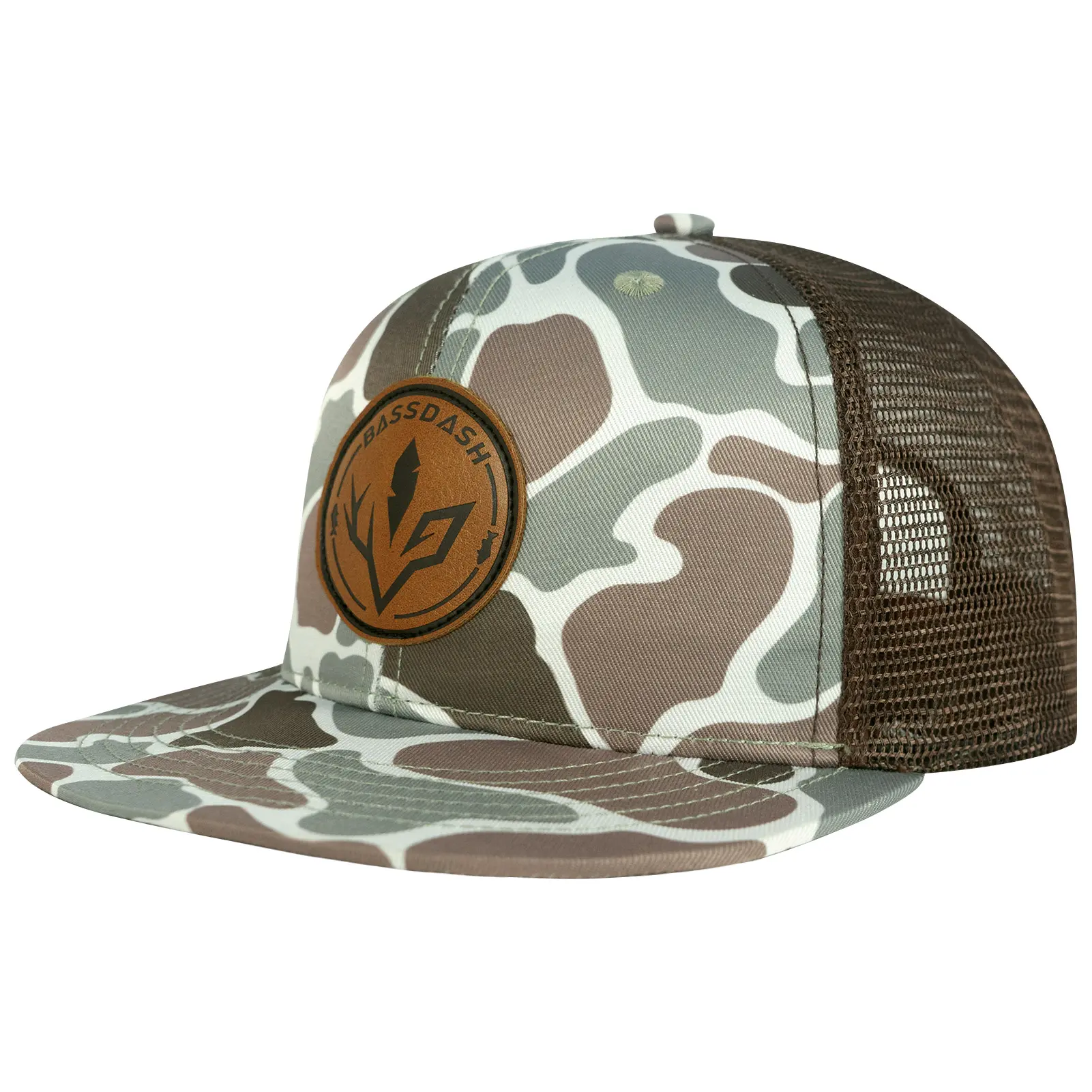 BASSDASH Flat Brim Trucker Cap Adjustable Snapback Hat Mesh Back For Men Women Fishing Hunting