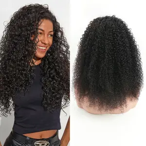 Half Wig Kinky Curly 180% Density Ready to Wear Human Hair Wigs 3In1 Invisible Hairline With Drawstring No Lace Seamless Flip Over Wig Beginner Friendly