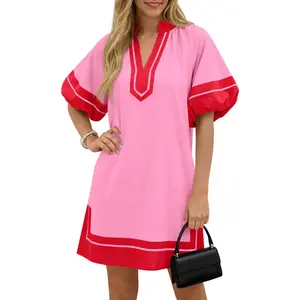 Wenrine Women's Summer Mini Dress Puff Sleeve Casual V Neck Color Block Side Slit Loose Shirt Dresses with Pockets