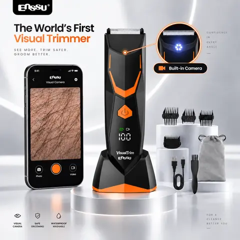 ENSSU V-Trim VisualTrim Men's Manscaping Trimmer, Rechargeable Cordless Body Grooming Clipper with Camera, WiFi Live View, Ceramic Blade, Waterproof Shower Tool, 4 Guide Combs, Wireless Charging Dock for Hair Removal