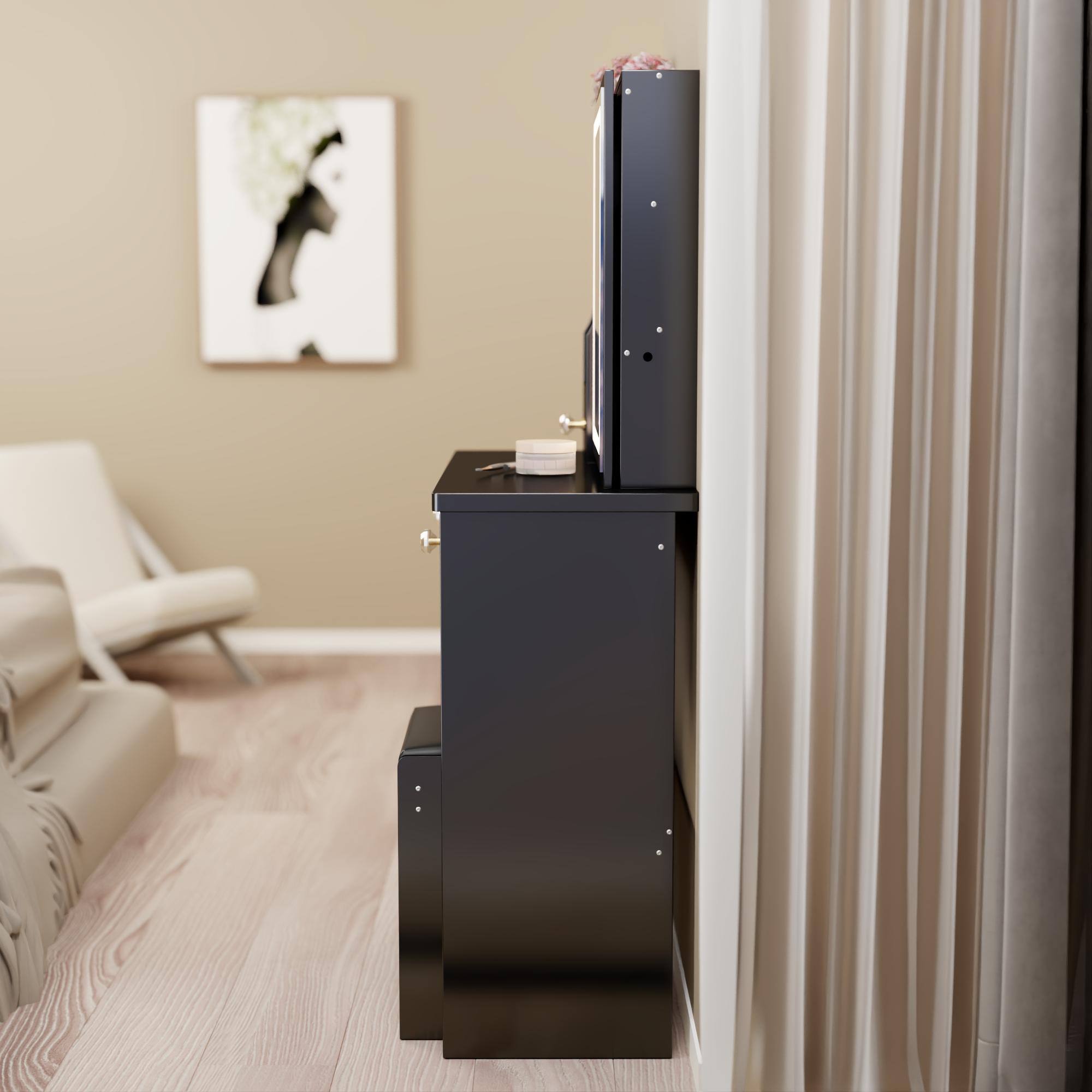 29.2" Small Size Left Drawer Desktop Vanity Table + Cushioned Stool, Extra Large Right sliding mirror, Multi Layer High Capacity Storage, Practical Fashionable Dresser, Suitable For Small Space