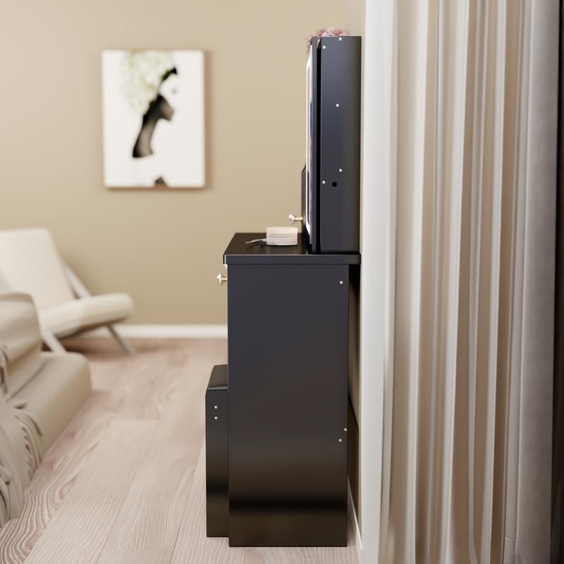 29.2" Small Size Left Drawer Desktop Vanity Table + Cushioned Stool, Extra Large Right sliding mirror, Multi Layer High Capacity Storage, Practical Fashionable Dresser, Suitable For Small Space