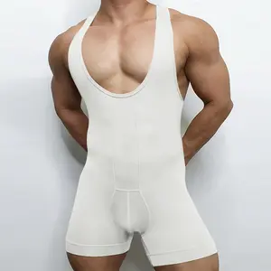 INCERUN Men's Summer U-Neck Sleeveless Muscle Fit Gym Bodysuit Tank Top Jumpsuit Onepiece, Clubwear Ready