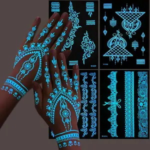 Glow-in-the-Dark Henna Tattoo Stickers - Intricate Indian Lace Design Temporary Body Art for Women Men Kids - Perfect for Music Festivals Weddings Beach Vacation Rave Party Supplies - Easy Apply Waterproof Long Lasting UV Reactive Luminous Decorations