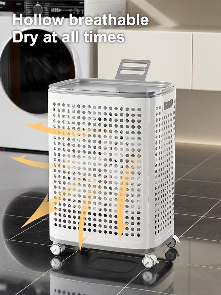 UFORU Laundry basket with wheels, white and gray, ventilated clothes and towel basket, odor-resistant, convenient rolling storage, suitable for dorms, bedrooms, bathrooms, portable laundry basket with lid