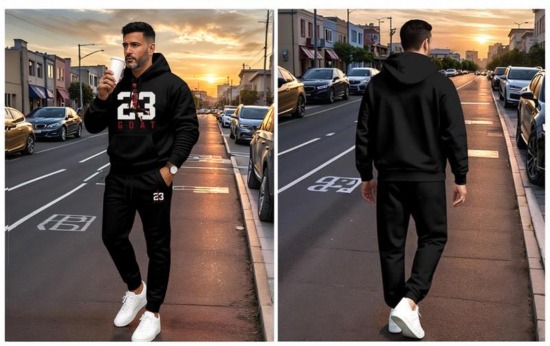 Men's Goat 23 Pattern Print Hoodie and Drawstring Sweatpants Set, Menswear, Casual Athletic Long Sleeve Hooded Jacket & Trousers for Fall & Winter, Men's Clothing for Daily Wear, Sportswear Indoor Outdoor, Tracksuit, Athleisure Minimalist