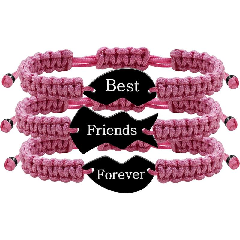 3pcs Personalized Friendship Bracelets Set | Stainless Steel Heart Puzzle Charm Handwoven Adjustable Drawstring Bracelets | Laser Engraved Best Friends Forever Jewelry Gift