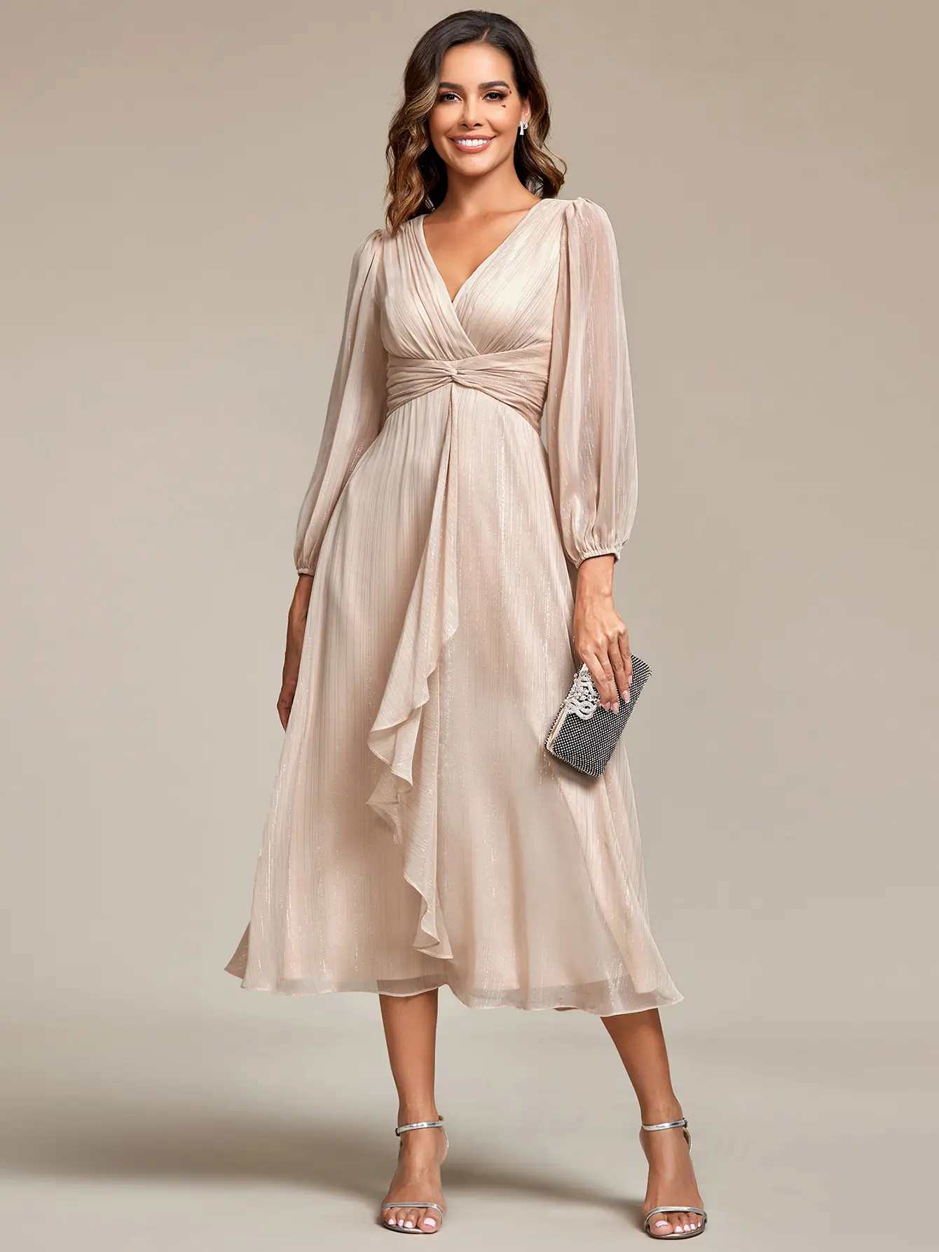 Ever-Pretty 2026 Spring Elegant & Flattering Chiffon Midi Dress with Deep V-Neck, Puff Sleeves and Twist Knot Waist – Size Inclusive for Special Occasions, – Wedding Guest & Evening Holiday Party Dress, Formal dress 01977