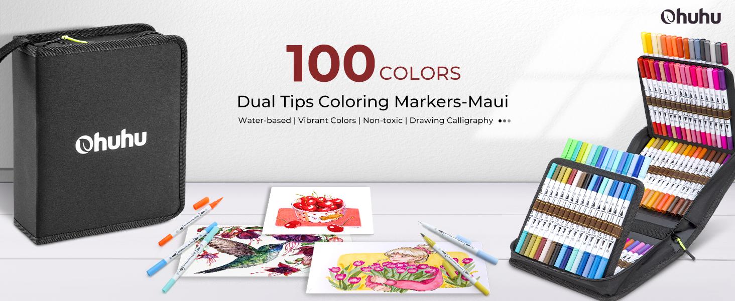 Ohuhu Maui 100-Color Brush Pens Dual Brush Fine Tip Drawing Pens Water-Based Coloring Markers for Calligraphy Bullet Journal with Carrying Case -Maui