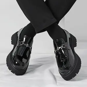 Men's Classic Loafers - All-Season Solid Color Slip-On Dress Shoes with Faux Upper, Round Toe, Rubber Sole for Daily, Party, Wedding - Casual Korean Style Thick Sole Glossy Footwear