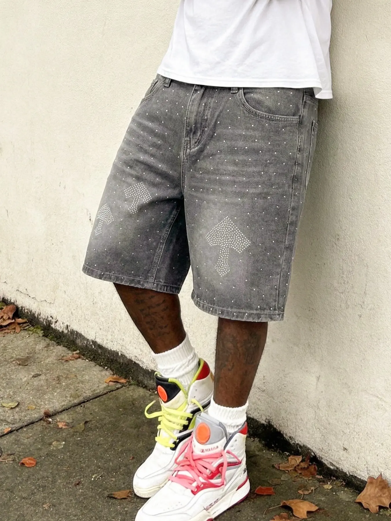 Men's American vintage washed gray denim shorts, Baggy jean shorts, Casual streetwear shorts, loose Fit wide-leg denim shorts with rhinestones, Y2K street style Trend, skate & hip-hop Fashion casual loose summer shorts