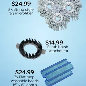 Mop Replacement Parts and Accessories - 3x String Style Rag Microfiber, 3x Flat Mop Washable Heads, Scrub Brush Attachment