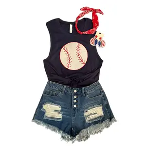 Chenille Patch Baseball Tanks - Black Cotton Top with Embroidered Design, Oversized Fit, Navy Color, Womenswear Top