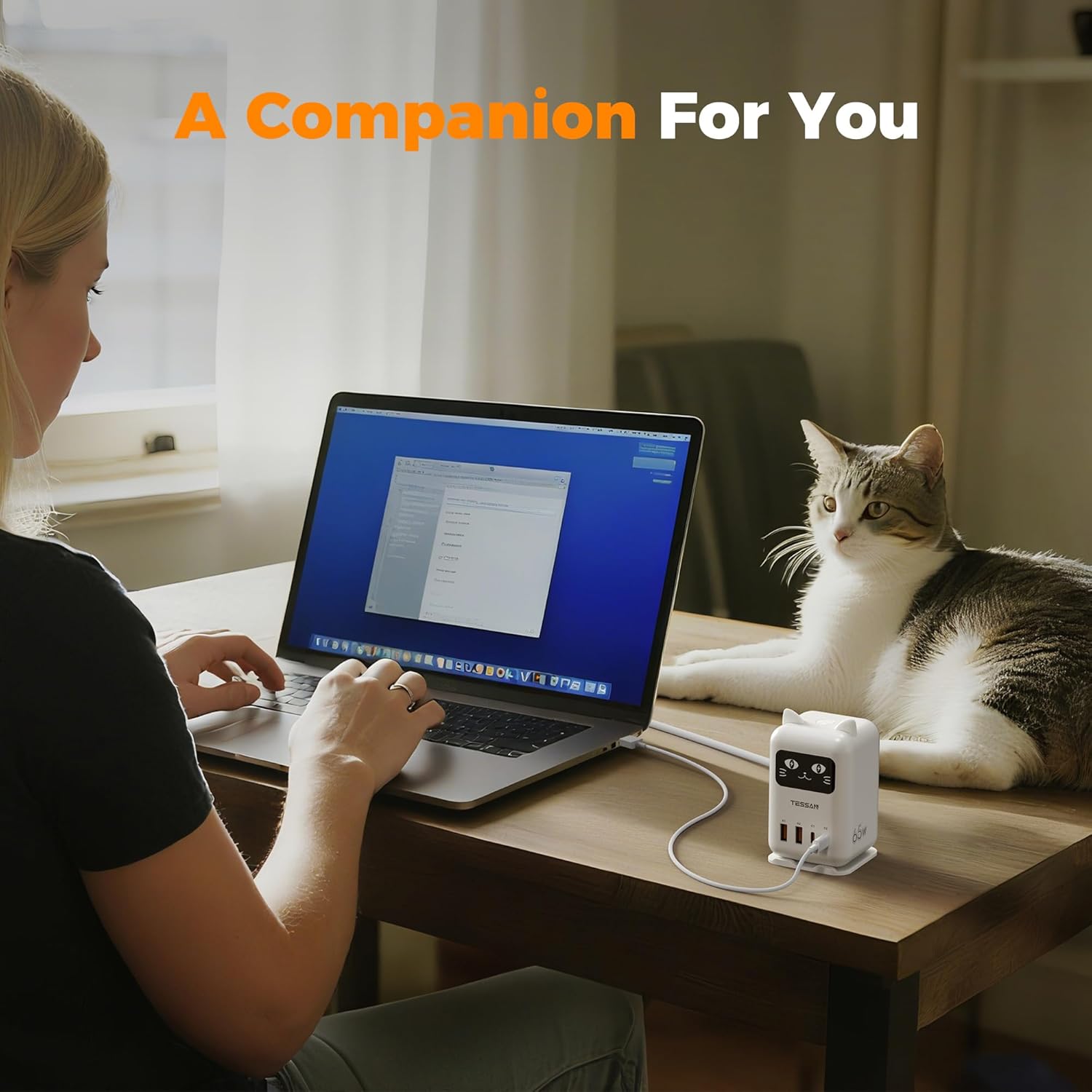 Tessan PD 65W Lucky Cat USB Charging Station for Multiple Devices, Desktop Tower Cat-Shaped Charging Companion with 4 USB Ports for Smartphones, Tablets, Pads and Other Electronic Devices in Office Home Dormroom