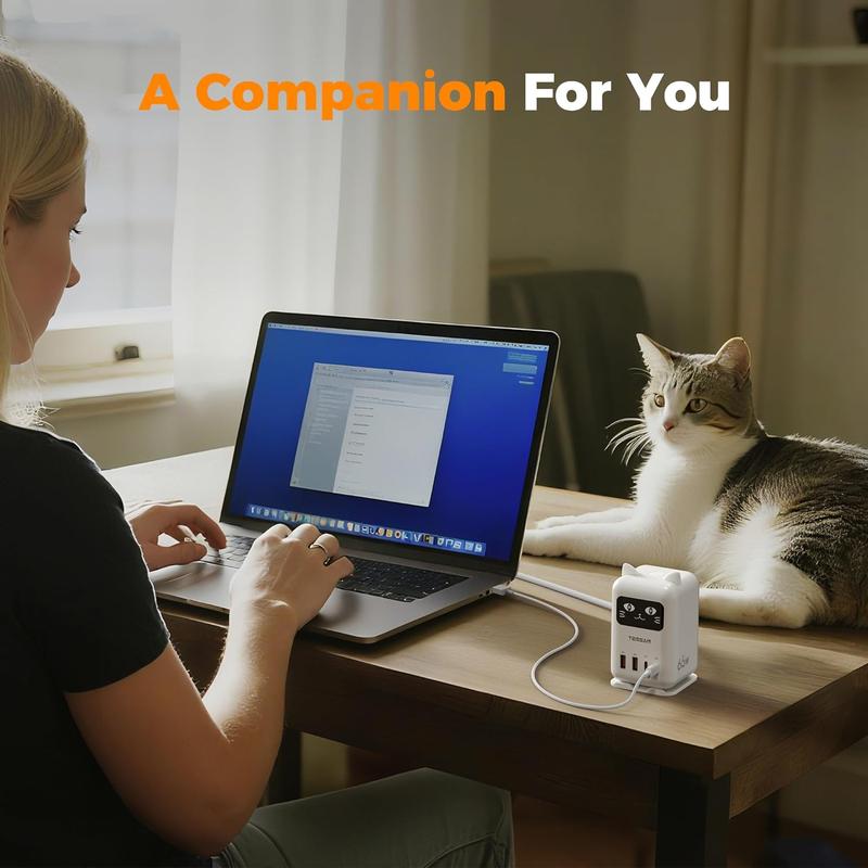 Tessan PD 65W Lucky Cat USB Charging Station for Multiple Devices, Desktop Tower Cat-Shaped Charging Companion with 4 USB Ports for Smartphones, Tablets, Pads and Other Electronic Devices in Office Home Dormroom
