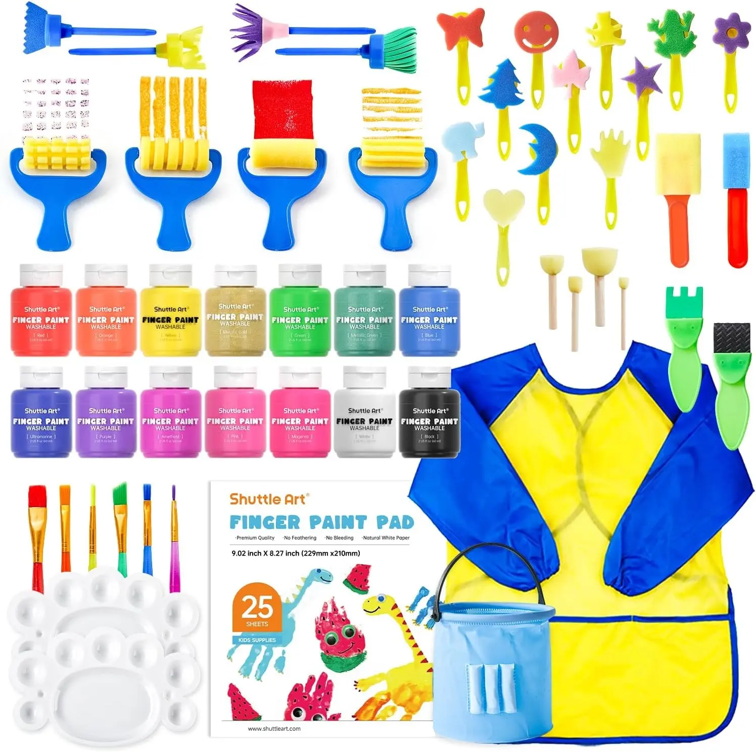 Shuttle Art Unisex Kids Classic Washable Non-Toxic Water-Based Finger Paint Set for Early Learning & Home Activities, 53 PCS - 14 Colors (2 fl oz), 1 Palette, Glitter, Paint Brushes, 12 Sponge Stampers, 1 Water-Proof Smock, Water-Based Paint