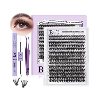 B&Q DIY Lash Extension Kit 280pcs Individual Lashes Cluster 40D C Curl Eyelash Extension Kit with Bond and Seal and Applicator Tool for Self Application