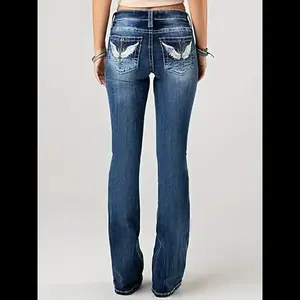 Womens Washed Blue Bootcut Jeans with Wing Geometric Embroidery Back Pockets, High Waist Retro Slim Fit, Stretch Denim for All Seasons Womenswear Bottom