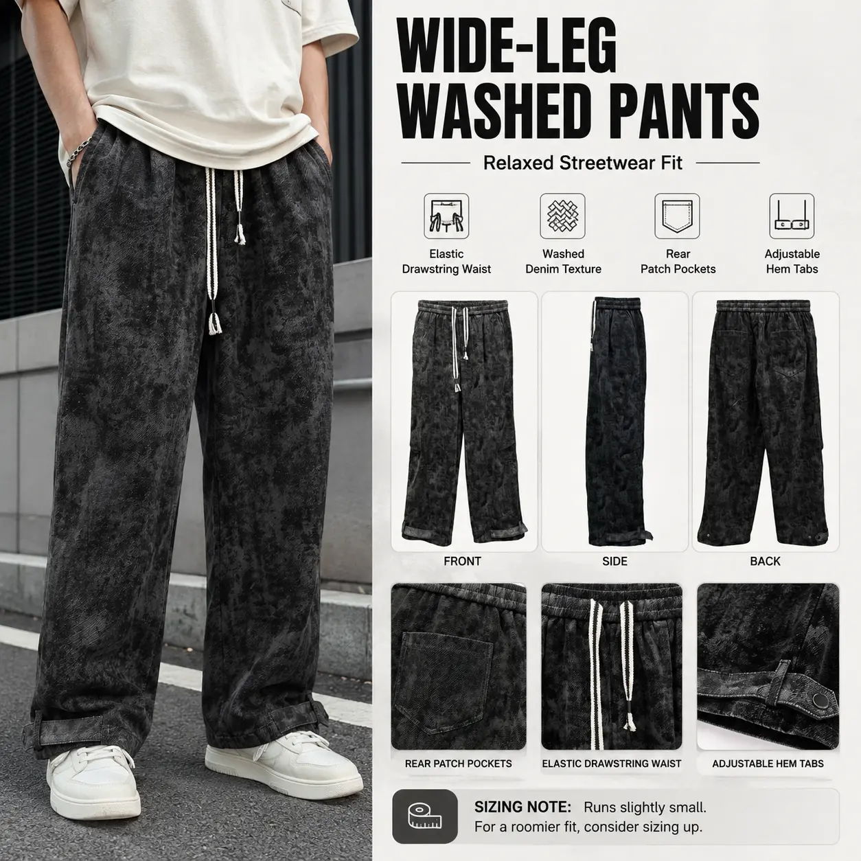 Men's 2-Pack Acid Wash Wide Leg Sweatpants - Casual Elastic Drawstring Snap Hem Sporty Chic Barrel Sweats Men's Pants for Lounge, Workout Clothes