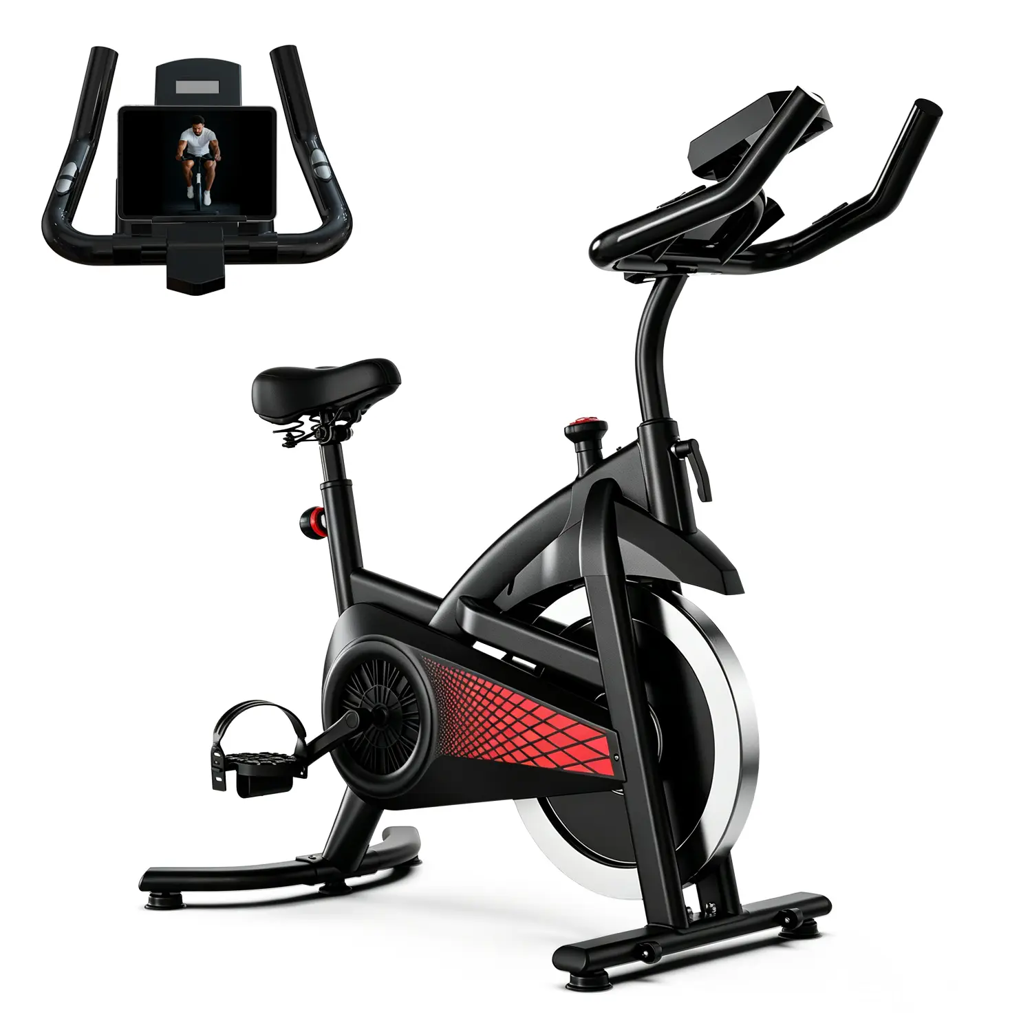 Exercise Bike with 18LBS Flywheel ,Spinning bike 300 LBS Maximum load capacity,Stationary bike Cycle Adjustable Brake Button; Adjustable Handlebar Height; Adjustable Seat Height.