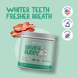 Breath Buddy Dog Dental Powder - Food Topper for Fresh Breath & Clean Teeth - Gentle Formula for Sensitive Stomachs - Bacon Flavor Tartar Plaque Remover - Natural Oral Care for Dogs and Cats