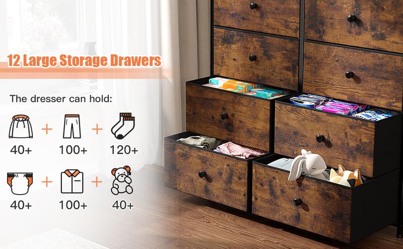 【#TikTokShopFallDealsForYou】Raybee Furniture 12 Drawers Dressers，with Wood Top & Metal Frame, Tall Dressers for Bedroom, Living Room, Hallway, Closet