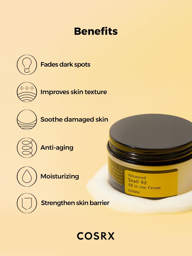 [COSRX Official] Advanced Snail 92 All In One Cream (100g) | ULTIMATE SOLUTION CREAM NOURISHES, MOISTURIZES & REPAIRS DAMAGED SKIN Effective Moisturizer Lightweight Moisturizer