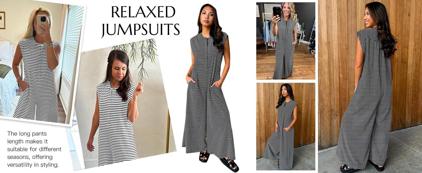 Imily Bela Womens Casual Striped Jumpsuits Summer Cap Sleeve Wide Leg Jumper Romper Button Down Travel Beach Outfits