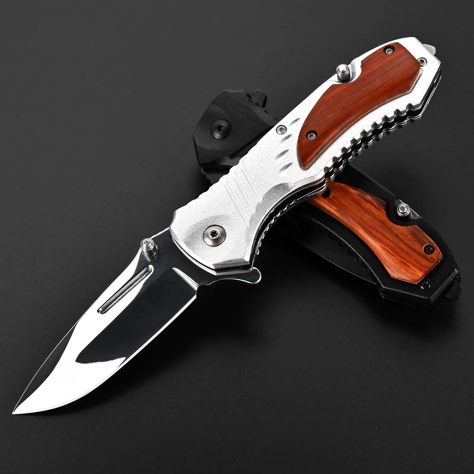 Pocket Knife for Men - Sharp Blade Wood Handle Pocket Folding Knives with Clip, Glass Breaker - EDC Knives for Survival Camping Hunting Fishing Hiking Women, Large, Black