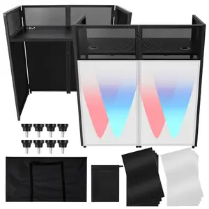 Garvee Portable DJ Facade Booth, 52"L x 48"H x 26"W Foldable DJ Table Facade with White & Black Scrim, Metal Frame Stand with Adjustable Feet for Parties and Events