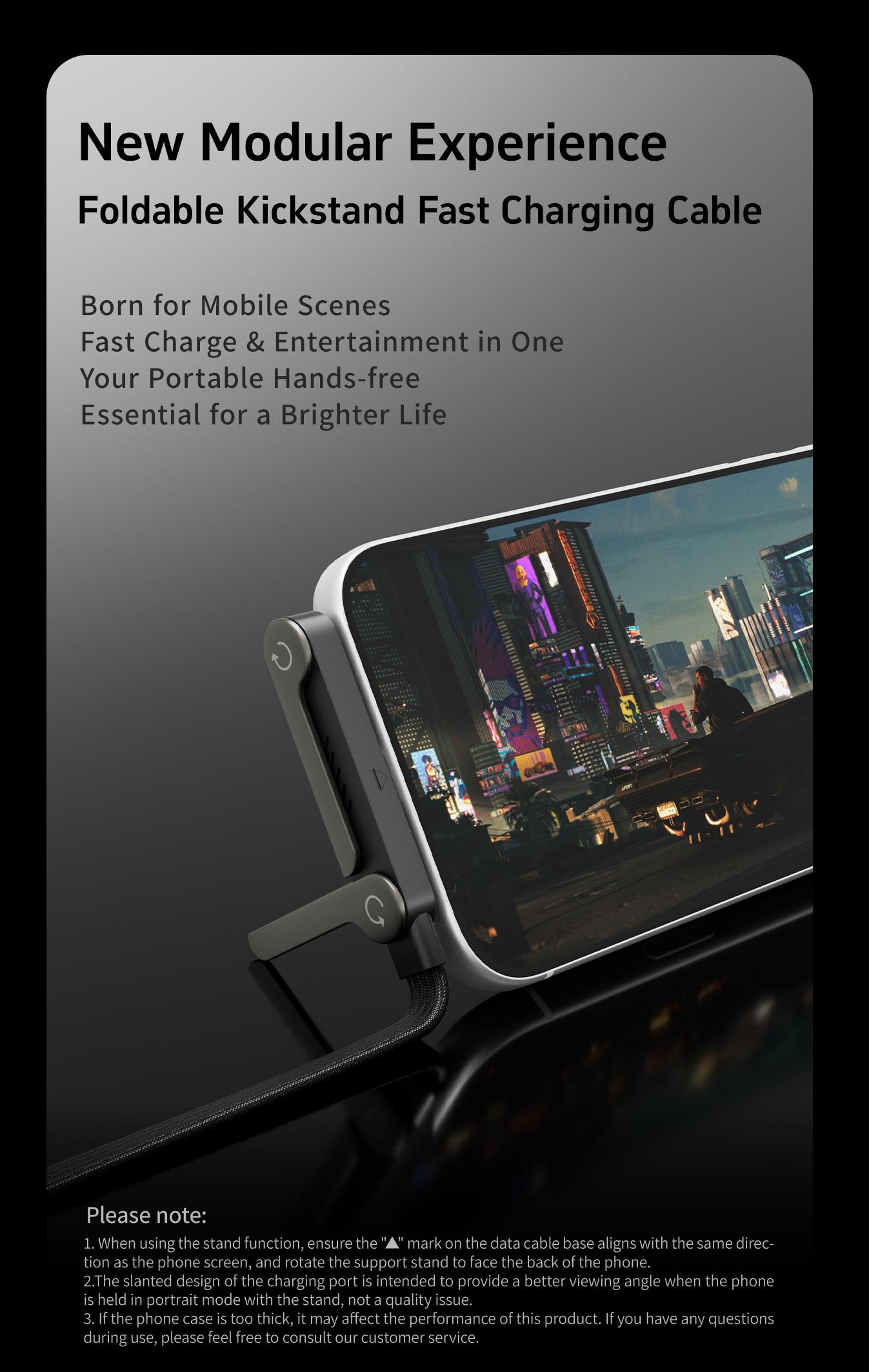 Basemo 240W Super Fast Charging Cable with Stand for iPhone Samsung Type-C Compatible Gaming Office Car Travel Black Cellphone Smartphone Mount Lightning