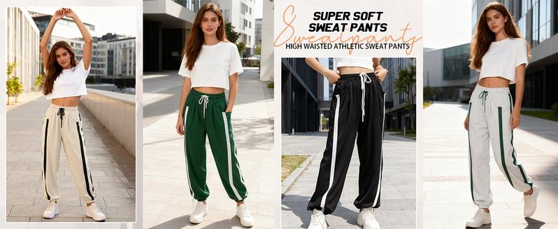 SCUSTY Women's Drawstring Sweatpants with Side Stripes High Waist Wide Leg Track Pants for Casual Wear in Four Seasons