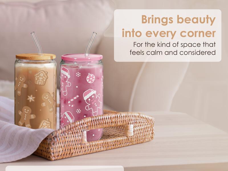 Sandjest 16oz Clear Glass Cup with Straw & Lid, Iced Coffee Drinking Can Shaped Cups, Reusable Stylish Drinkware, Home Office Valentine Gift for Her