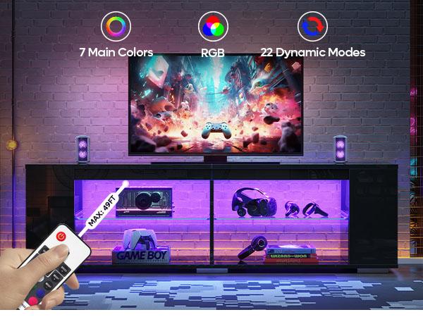 Pinmoco LED TV Stand for TVs up to 80" Gaming Entertainment Center with Side Bookshelf and 4 Open Shelves Black High Gloss Finish