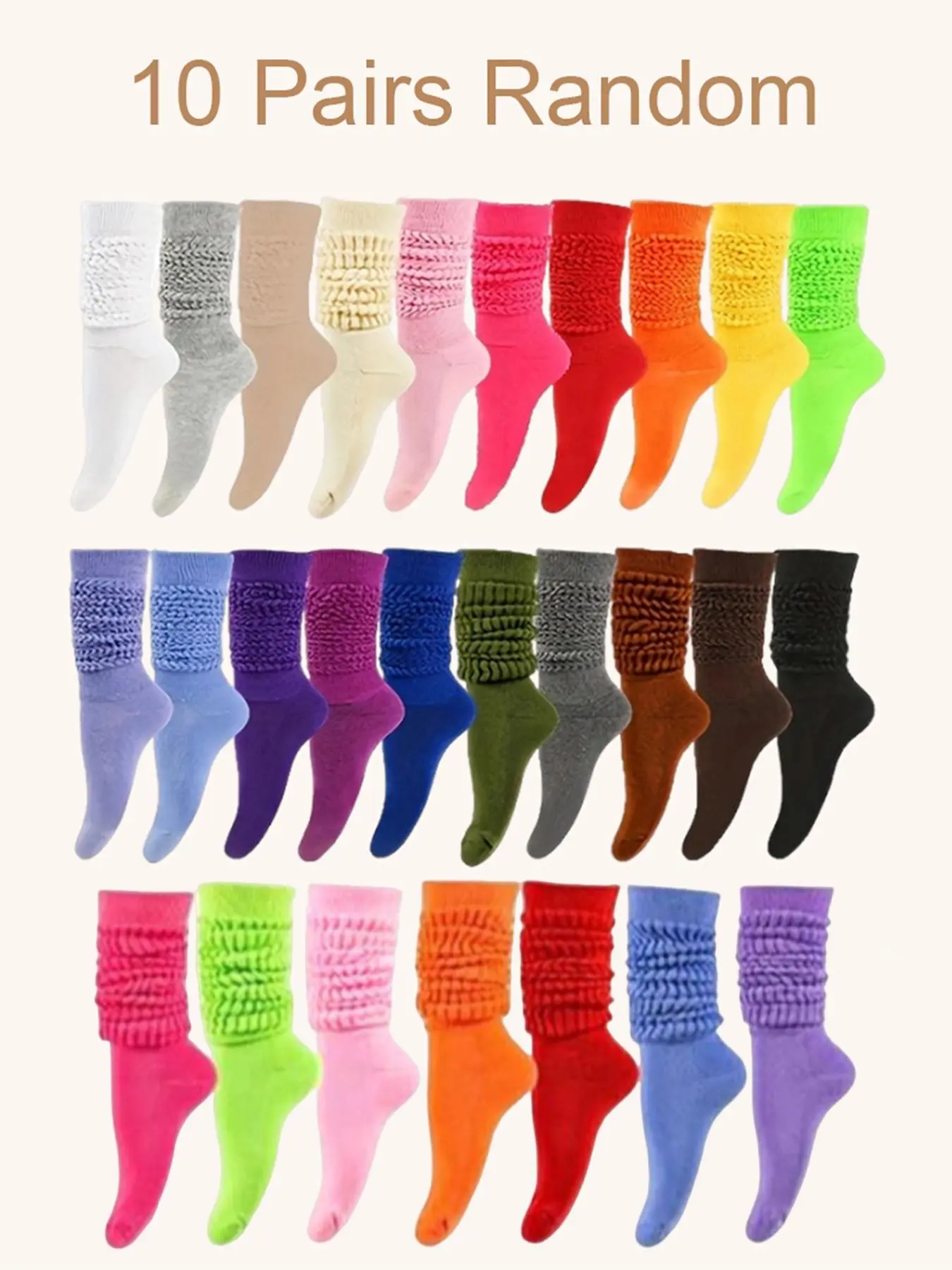 Random 10 Pairs Women's Solid Over The Calf Slouch Socks, Knitted Socks, Casual Comfy Warm Socks for Fall & Winter, Women's Socks for Daily Wear, Socks for Women, Scrunchie Socks, Casual Stylish Socks, Sock Set