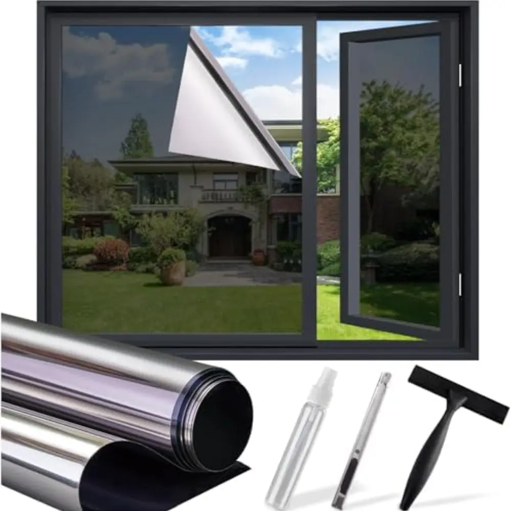 One Way Privacy Window Film Reflective Sun Blocking Tint Clings for Daytime Privacy & UV Protection 17.5"x78.7" with 3 Tools Black Geometric Design