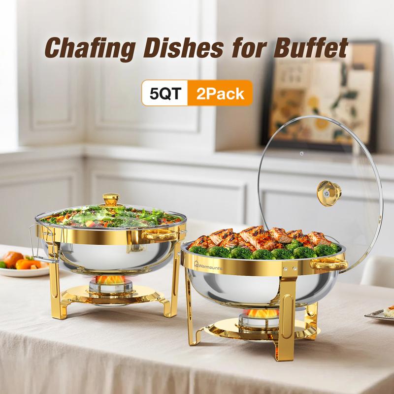 WARMOUNTS 5QT Gold Chafing Dishes for Buffet with Glass Lid, Round Stainless Steel Chafers and Buffet Warmers Sets with Lid Holder, Rolled Edge Design, for Catering Events, Parties, Weddings (2/4Pack)