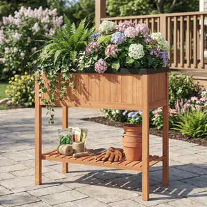 Spaco Wooden Raised Garden Bed with Storage Shelf, Elevated Planter Box 220lbs Capacity, Outdoor Flower & Vegetable Planter for Patio, Balcony & Garden – Orange