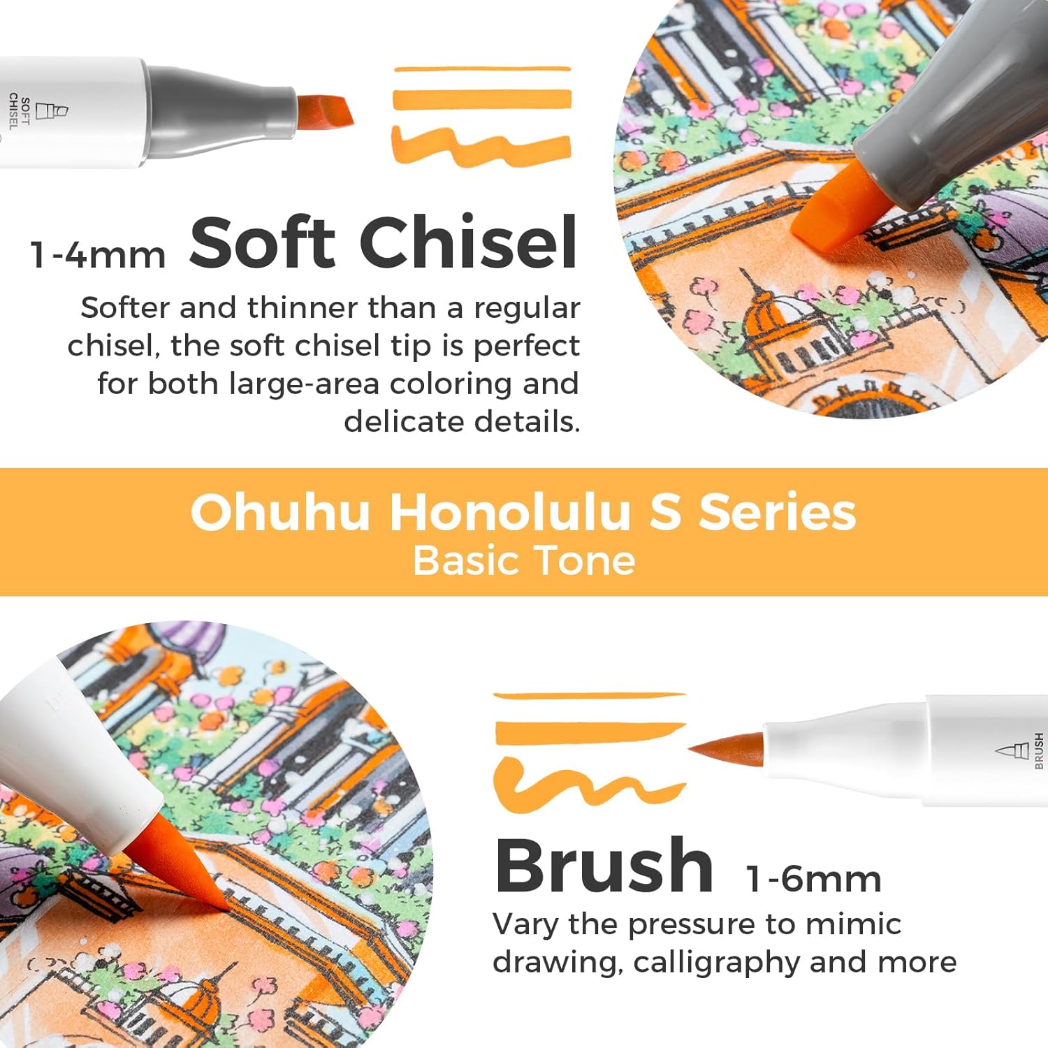 Ohuhu Soft Chisel Alcohol Markers Red Dot Design Award Winner Brush & Soft Chisel Dual Tips Drawing Markers for Artist Beginner Adult Coloring Illustration Sketching -Honolulu S - 24 skin-tone / 48 basic tone / 60 Illustration-color
