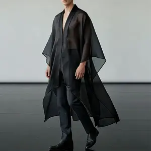INCERUN Men's Summer [Gothic/Dark Aesthetic] [Cardigan/Robe] Sheer Mesh Long Kimono Open Front See Through Party Cover Up