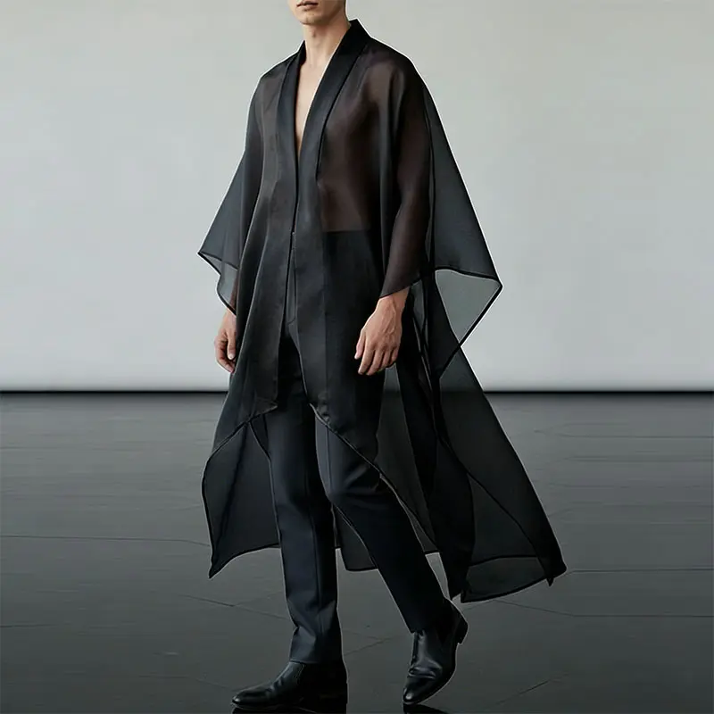INCERUN Men's Summer Gothic-Aesthetic Baggy Oversize Sheer Mesh Long Kimono Robe Coat, Open-Front Mensfashion Outfits Cardigan, Minimalist Plain See-Through Party Cover Up