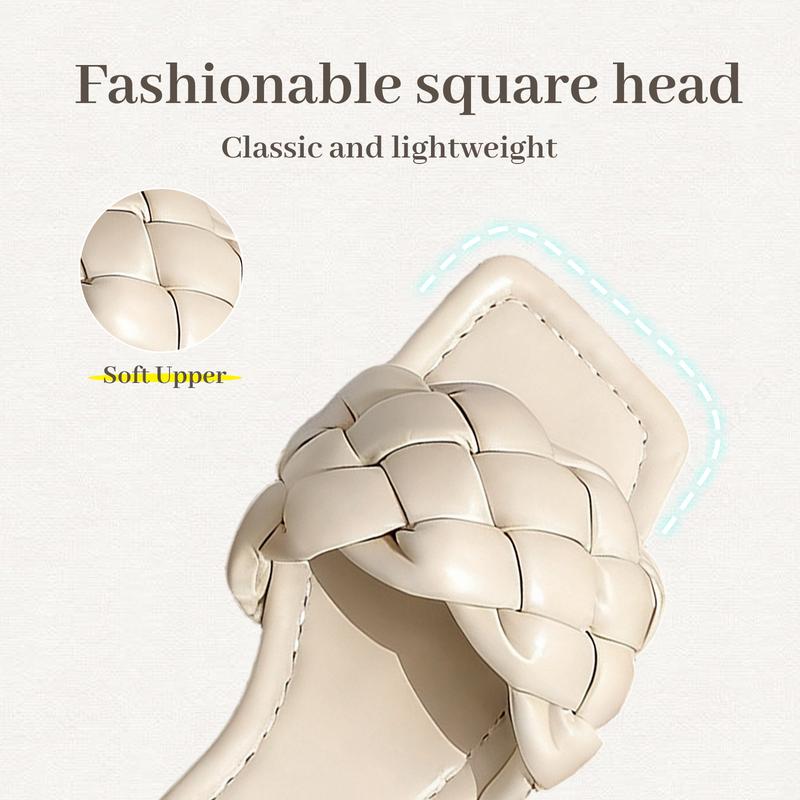 Breathable Fashion Square Toe Slide Sandals Women Woven Open Toe Flat Sandals Non-Slip Lightweight Casual Summer Footwear