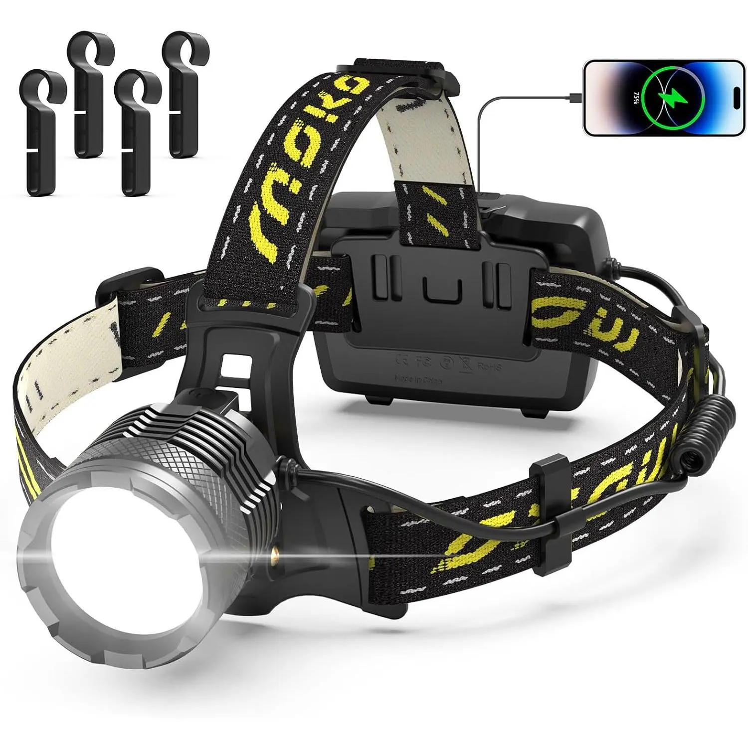 Moko High Lumen LED Rechargeable Headlamp - 150000 Lumens, 50W Bulb, 60H Long Battery Life, Detachable, 8 Modes, IP68 Waterproof, 90° Adjustable Sensor, Tactical Flashlight for Outdoor Camping, Hunting, High Lumen Flashlight