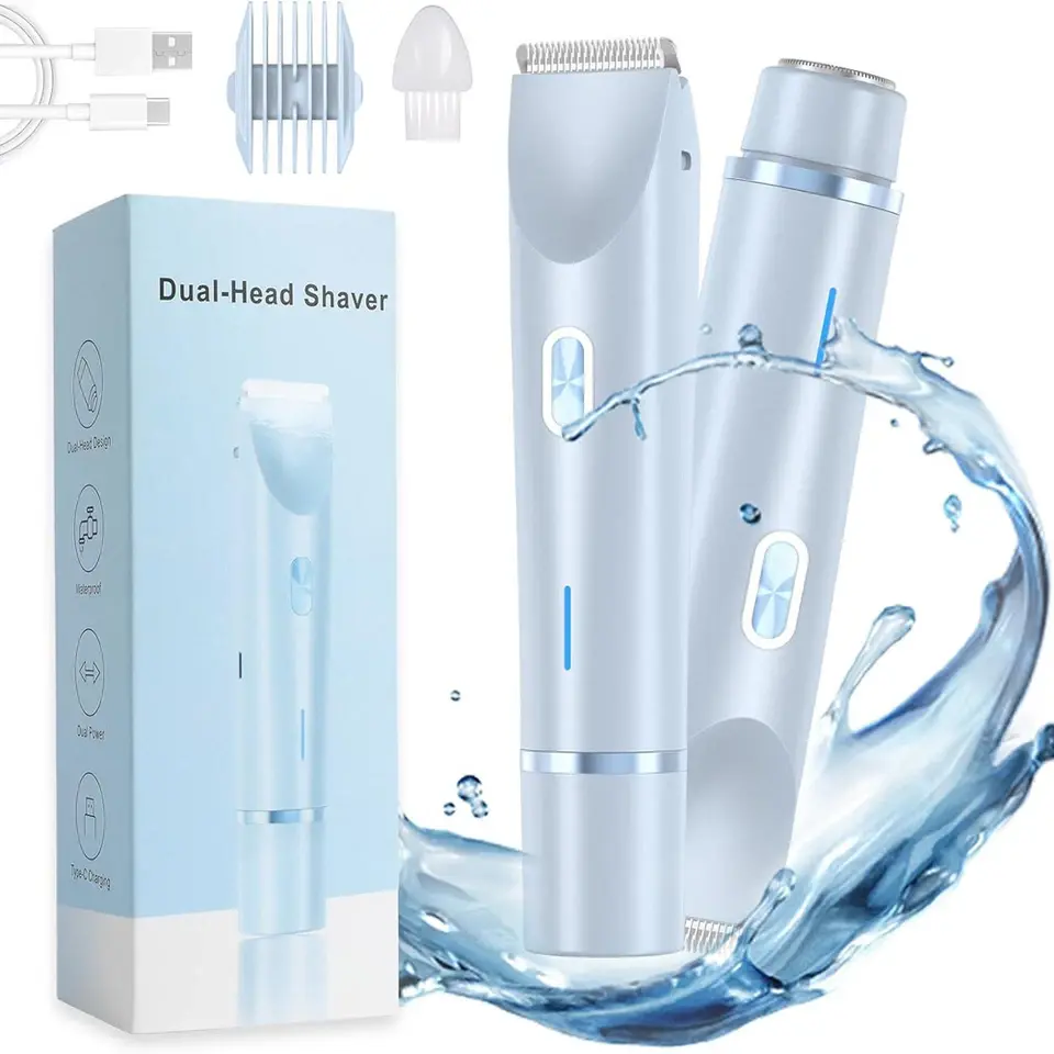 2-in-1 Dual Head Bikini Shaver & Trimmer, Portable Rechargeable Electric Razor, Painless Waterproof Body Hair Remover for Sensitive Areas