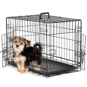 Dog Crate Kennel, 24 Inch Metal Pet Cage Double Door W/Divider Panel, Folding Travel Indoor Outdoor Dog Kennel Leak-Proof Plastic Tray Wire Animal Cage Pets Enhanced Single Door Dog Crate, Includes Leak-Proof Pan, Floor Protecting Feet , Divider Panel & N