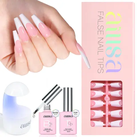 Aillsa Long Coffin French Tip Nail Kit - 180pcs Sheer Pink Soft Gel Long Artificial Tips (15 Sizes), Mini UV Lamp, Base & Top Coat, Quick Wear Soak-Off Easy Gel Extensions Nail Art Kits for Women DIY Home Use
