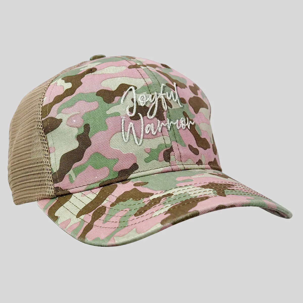 Kerusso Womens Cap Joyful Warrior, Adjustable, Feminine, Christian Believers, Visor Hat, Camo Hats, Cotton/Poly, Outdoor Wear, Branded Woven Loop Label, Breathable, Camo Embroidered Hats