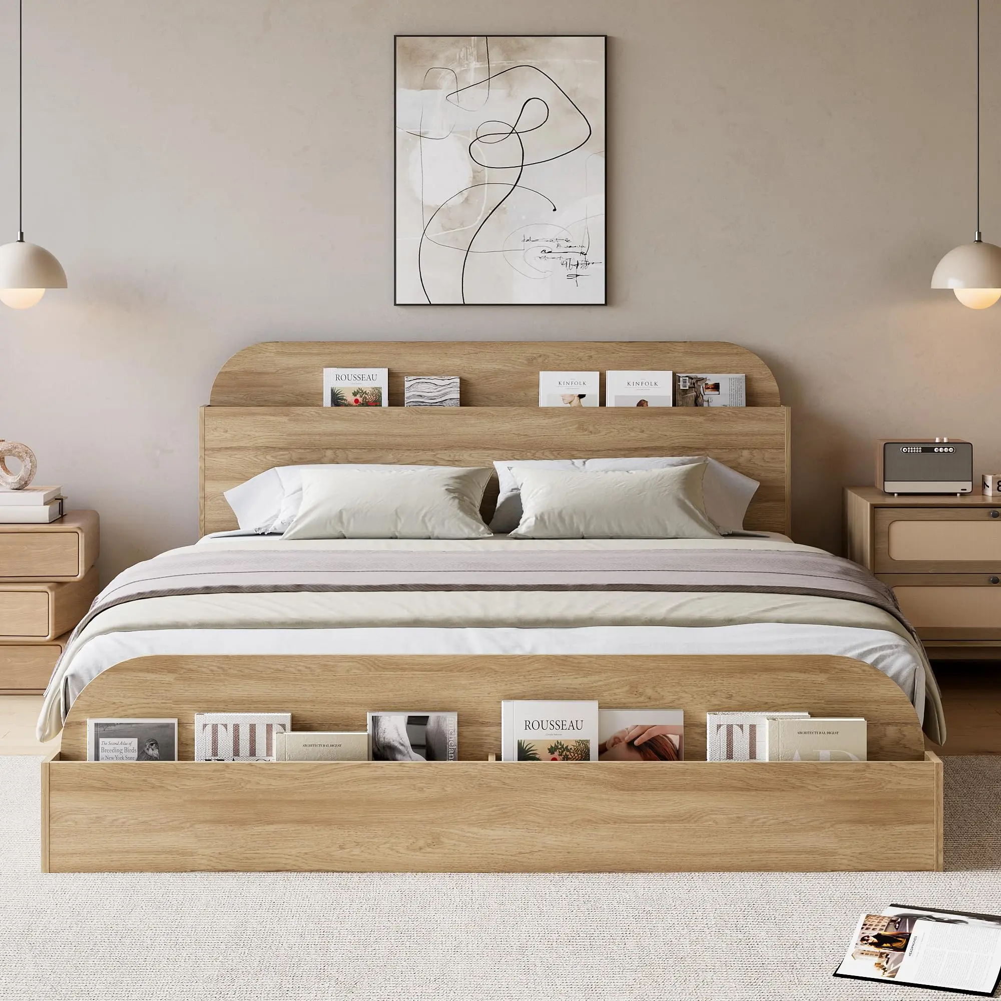 Garvee Queen Size Wooden Bed Frame with Storage Headboard and Elevated Feeding Table, Low Platform Floor Bed with Slat Support for Bedroom, Queen Bed Frame