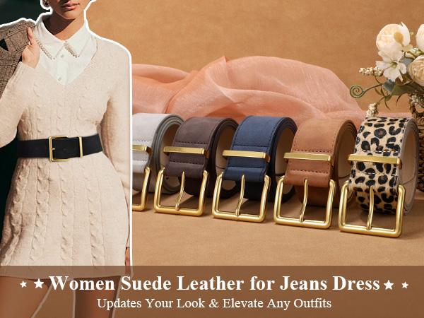 JASGOOD Women Wide Chunky Belt for Dresses Fashion Thick Suede Belt with Gold Buckle